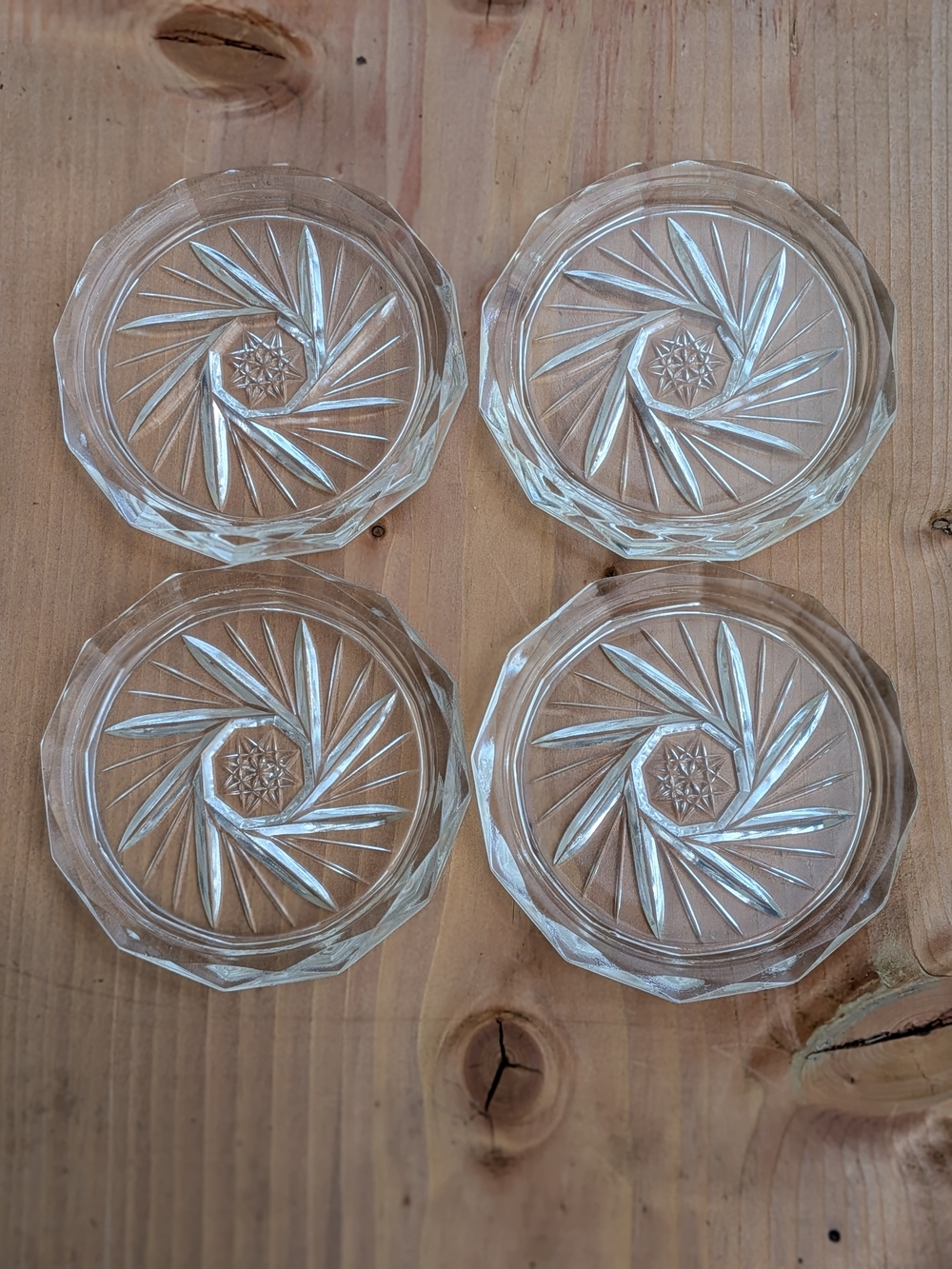 Vintage Clear Glass Coasters Pinwheel 8 Point Star - Set of 4